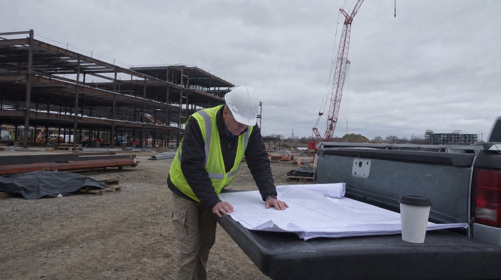 Superintendent in a hi-vis vest reviewing printed plans on a pickup tailgate at a steel-frame commercial site with a tower crane