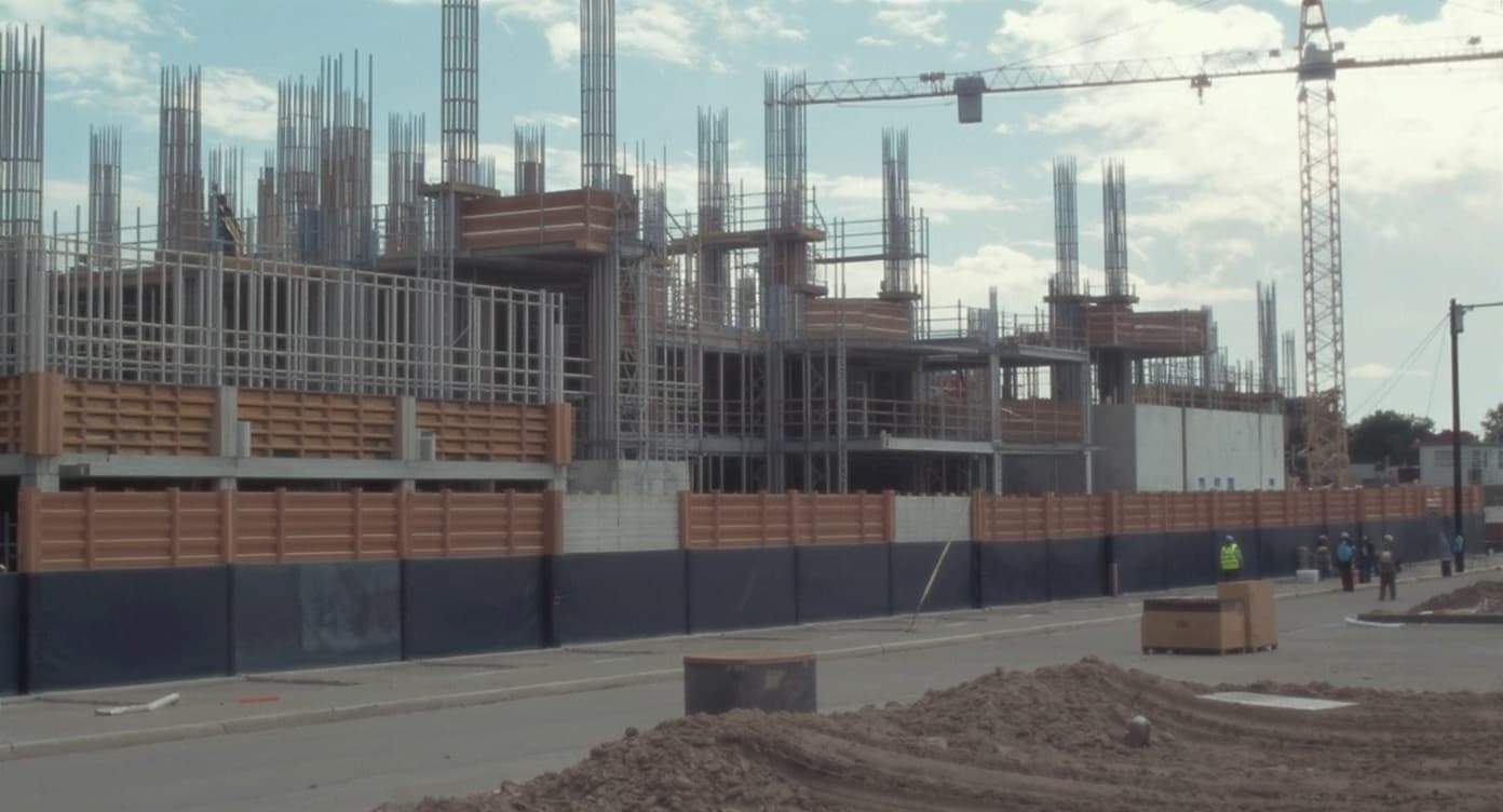 Mid-rise concrete frame under construction, with tower cranes overhead and crews along the fence line