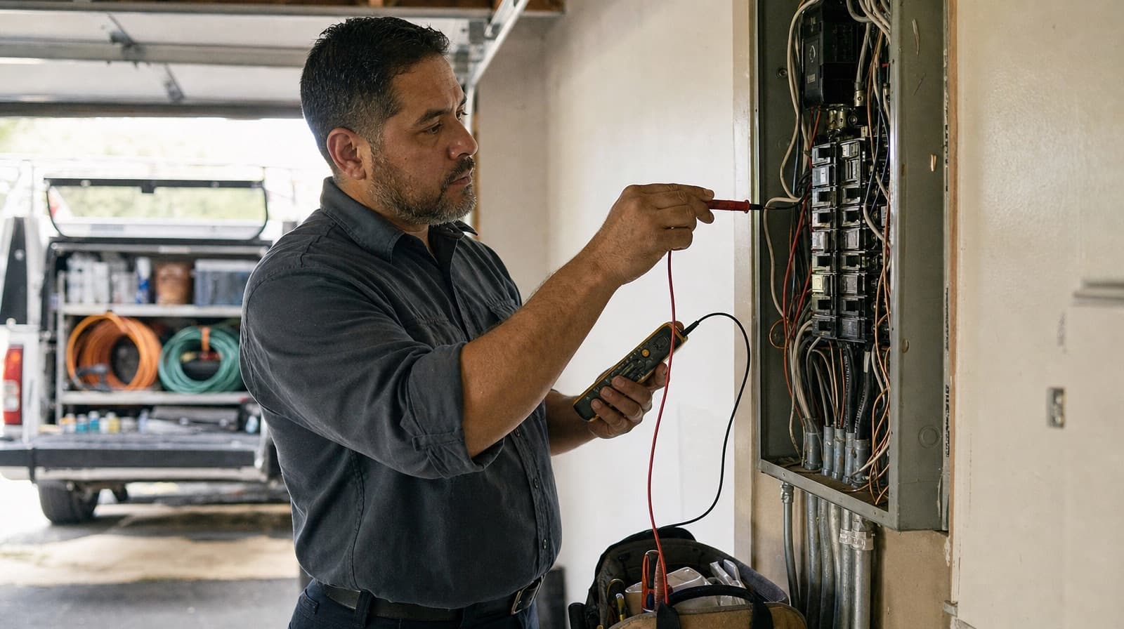 Electrician testing a breaker at an open residential panel, service van in the background