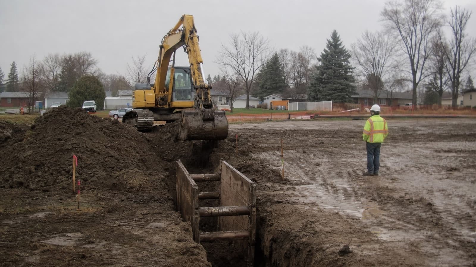 Excavator digging a utility trench beside a trench box on a muddy suburban site while a worker in a hi-vis vest stands well back