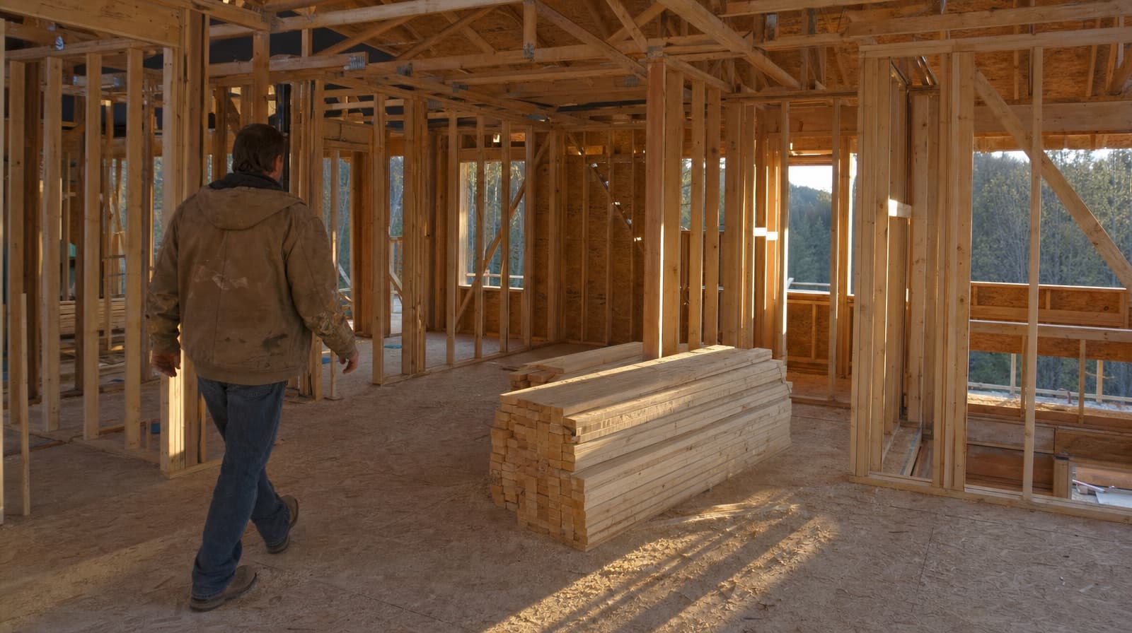 Home builder walking through a wood-framed house under construction past a stack of lumber