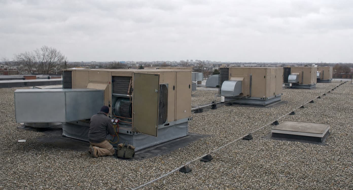 HVAC technician servicing rooftop package units on a commercial building