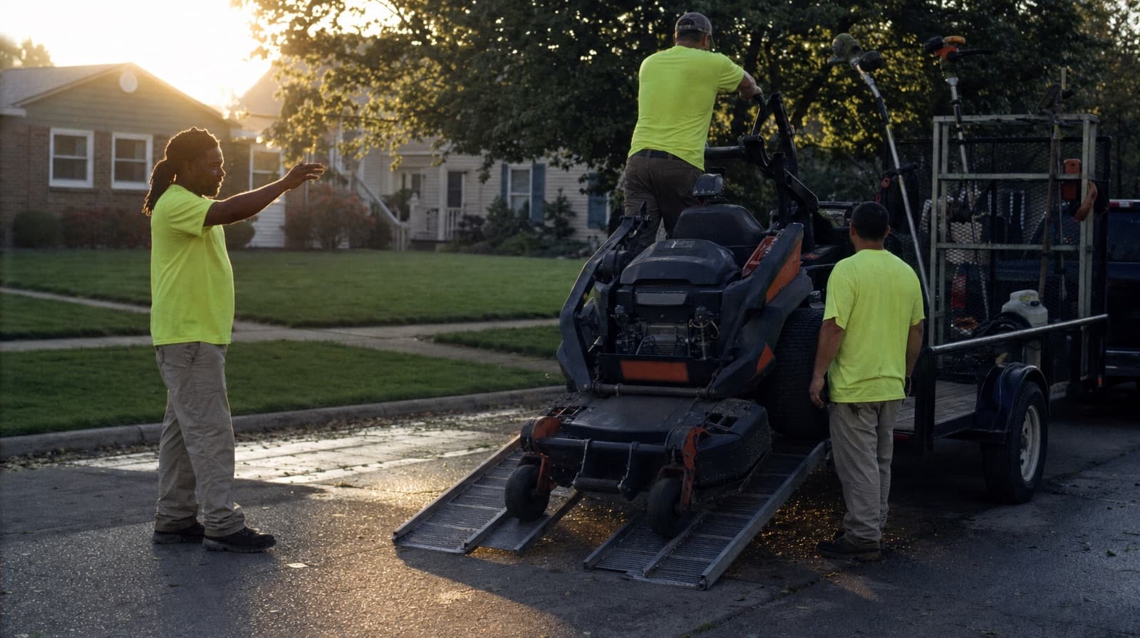 Landscaping crew loading a zero-turn mower onto a trailer at sunrise