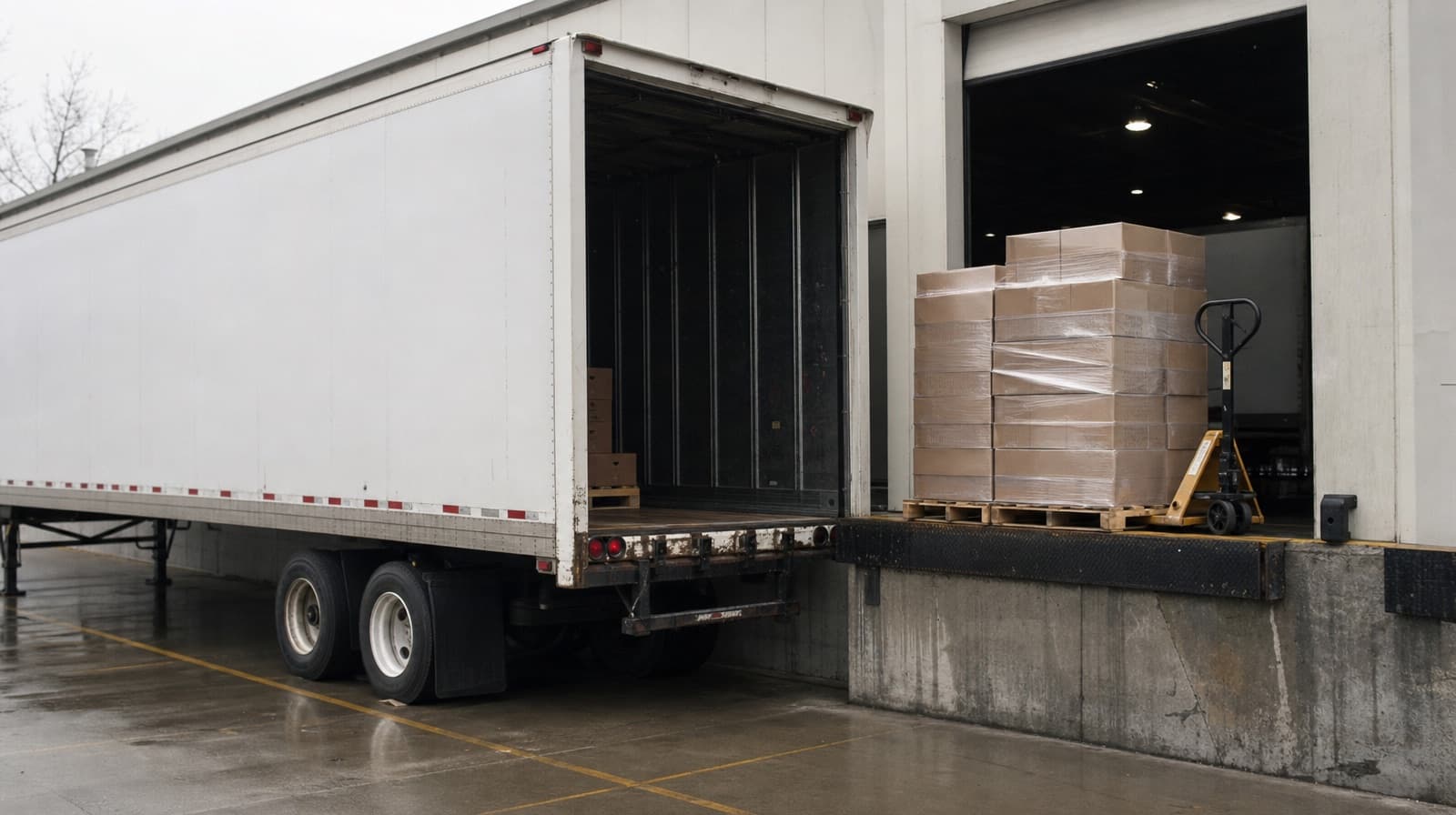 Semi trailer backed to a warehouse dock beside shrink-wrapped pallets
