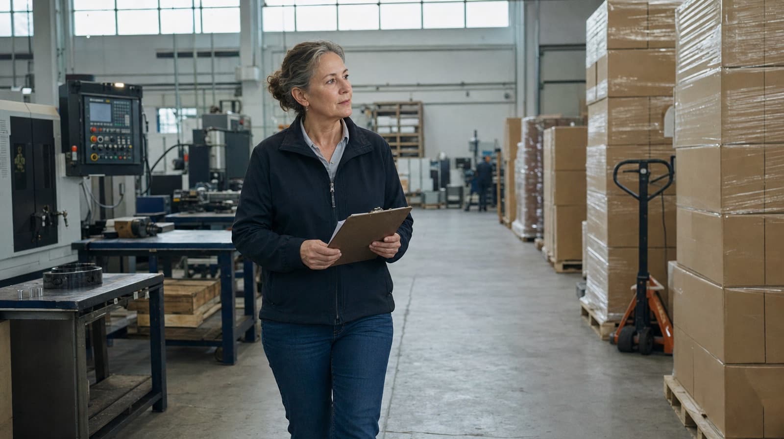 Shop owner walking a light-manufacturing floor with a clipboard beside palletized cartons