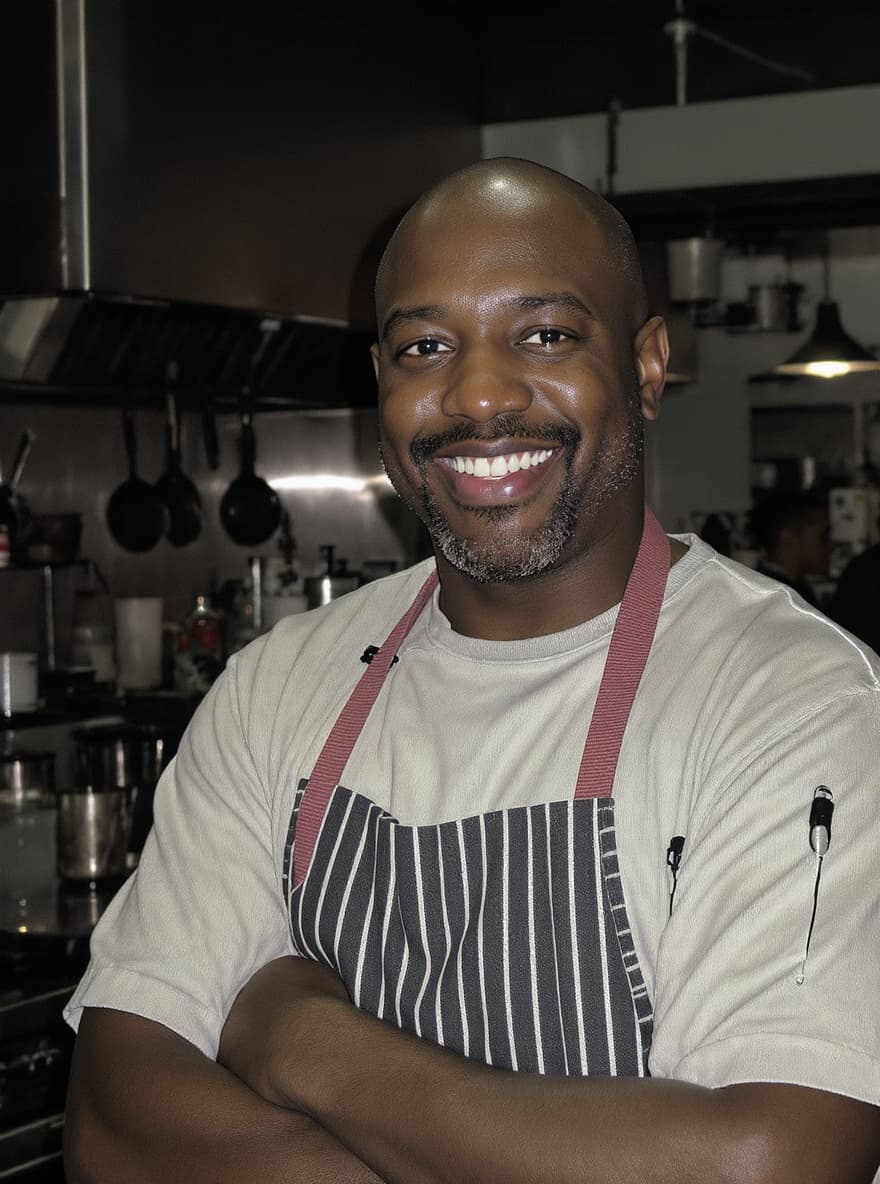 Restaurant owner at the counter of an open kitchen