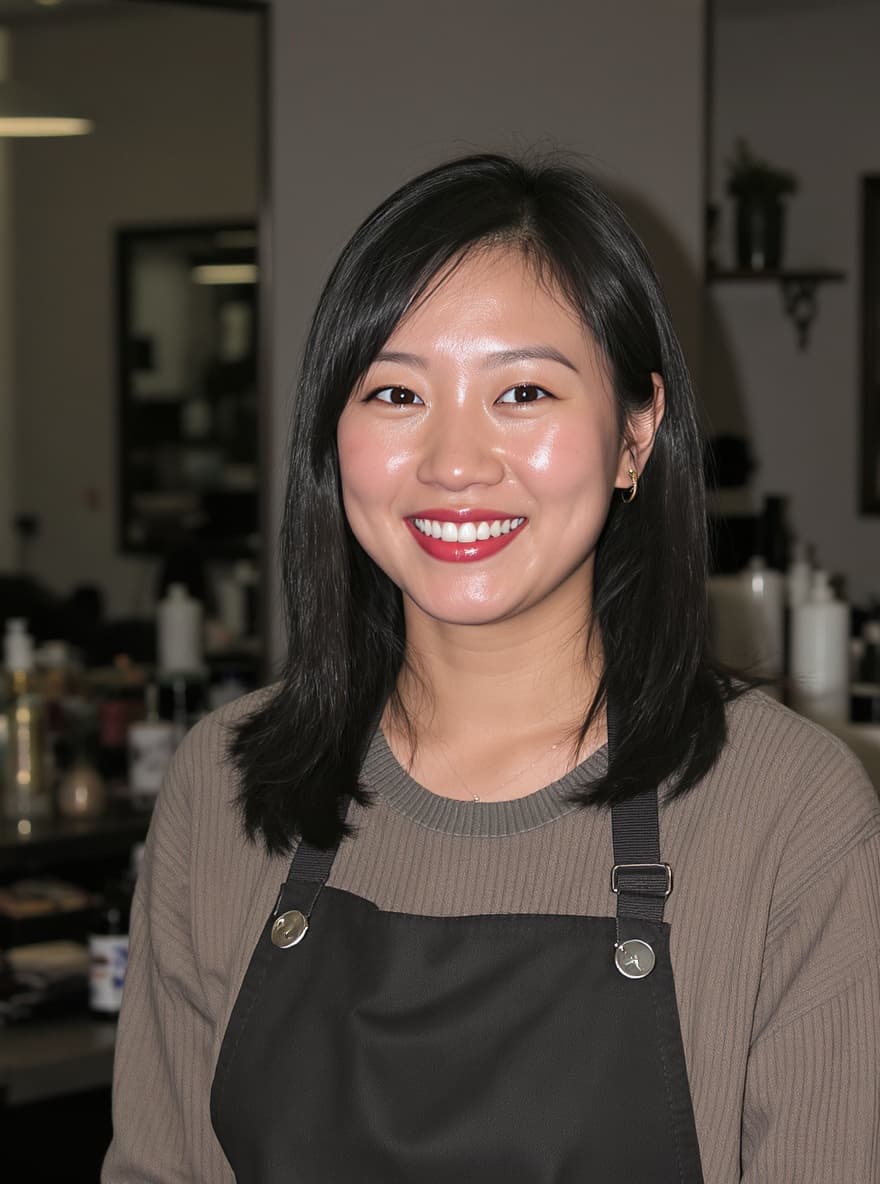 Smiling salon owner in a black apron standing inside her salon