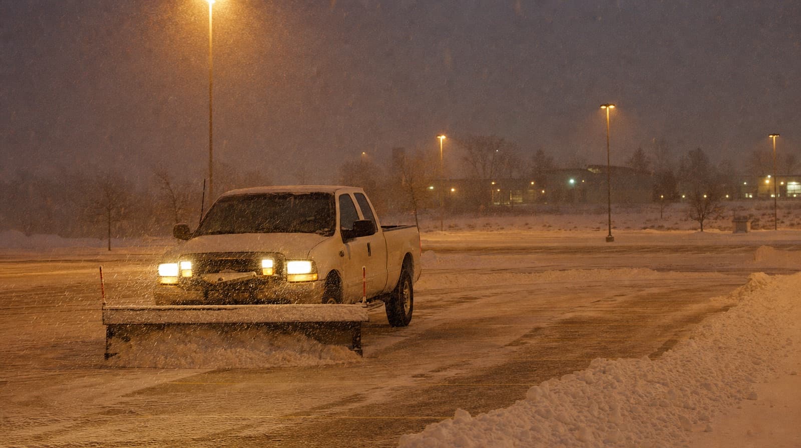 Plow truck clearing a commercial lot in falling snow before dawn