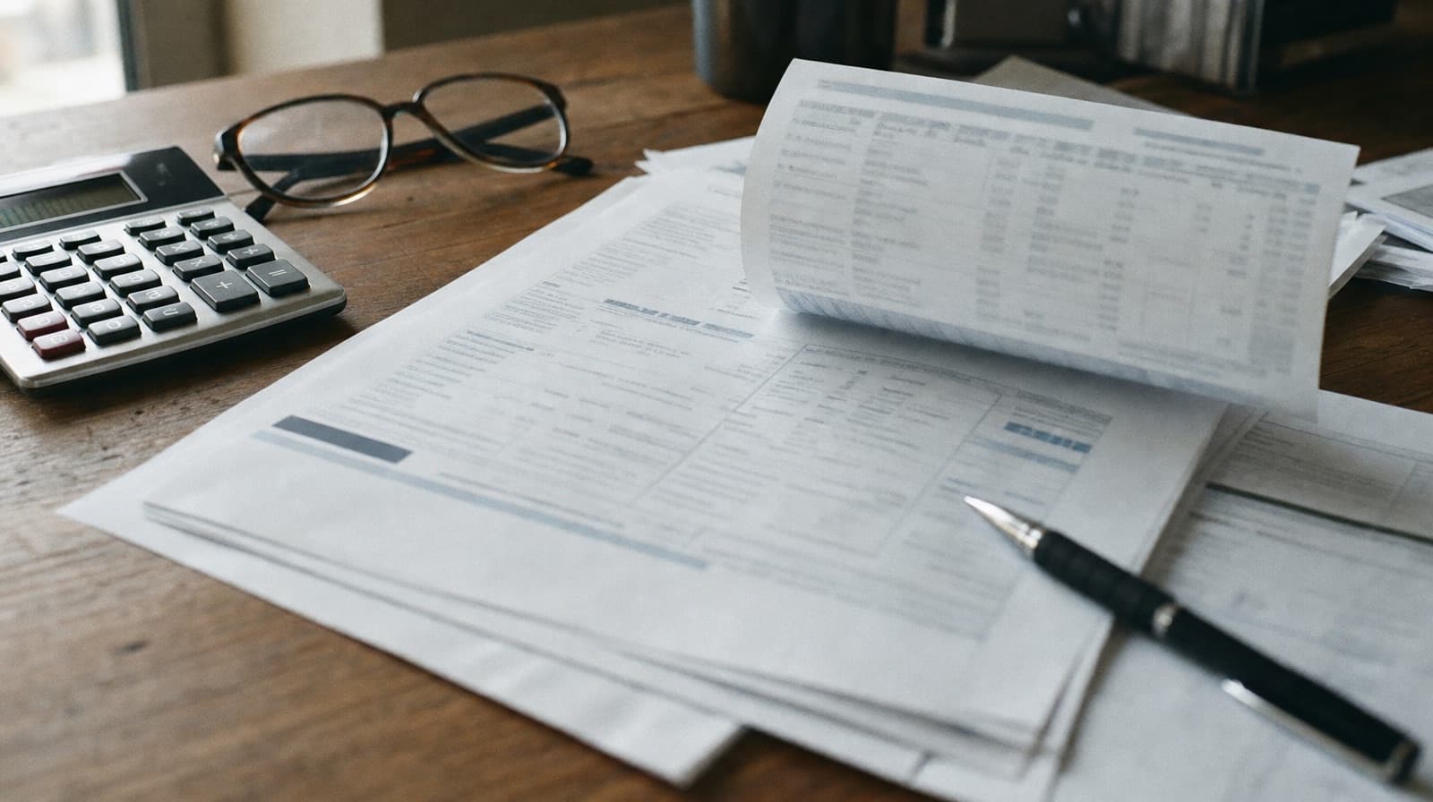 Bank statements spread across a desk beside a calculator and reading glasses