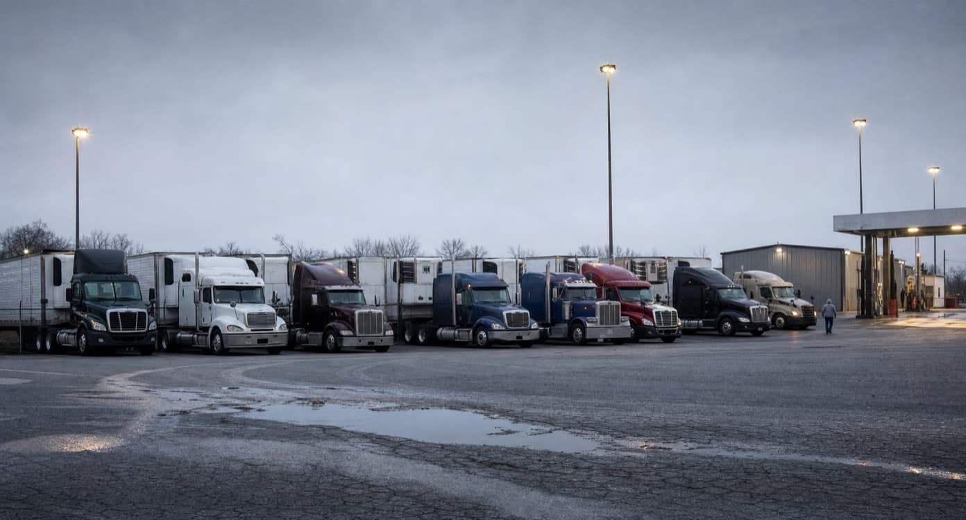 Row of semi trucks parked at a fuel stop at first light